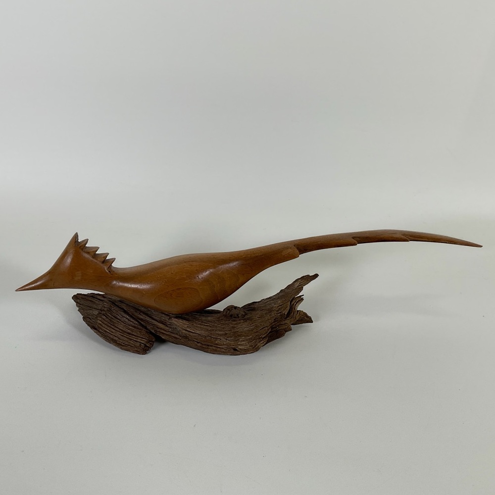 VTG Carved Wood Bird Roadrunner Woodpecker‎ on Driftwood MCM Solid Neutral